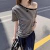 Women's Asymmetric Neck Short Sleeve Tee Loose Fit Commuter Style Striped Pattern Basic Top