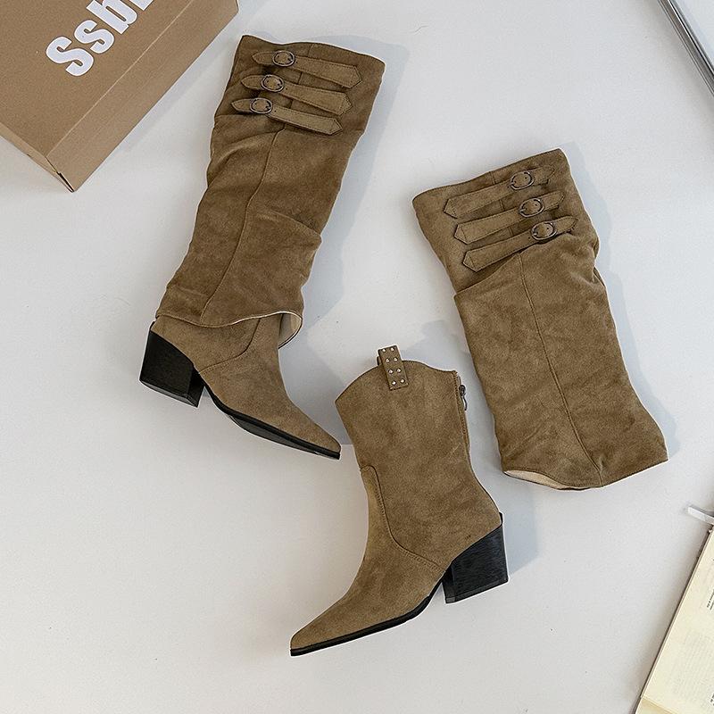 

Модная универсальная кожаная обувь с острым носком, толстым каблуком, средней высоты, женские короткие ботинки, летние повседневные, со съемной стелькой для увеличения роста, два варианта носки, ботинки Мартин 39 хаки
