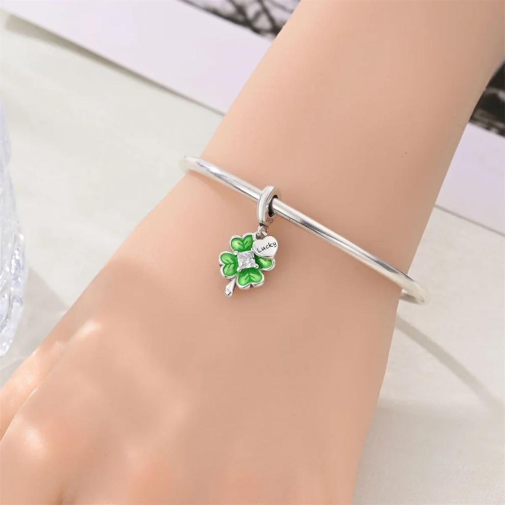 Lucky 925 Silver Charms Green Four Leaf Clover Horseshoe Bead Earrings Pendant Exquisite Bracelets Necklaces DIY Jewelry