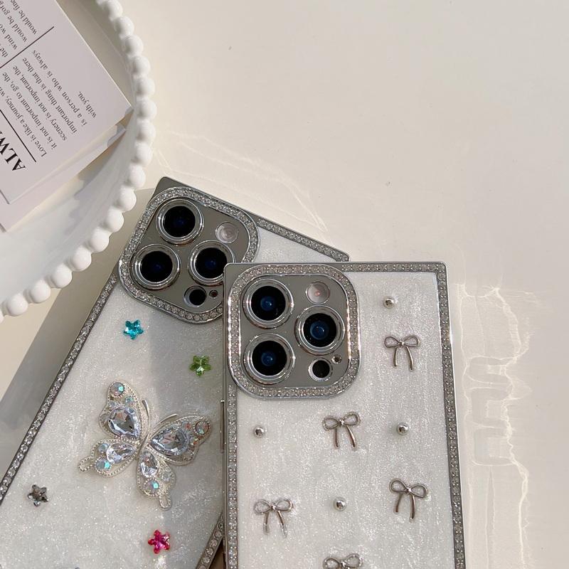 Bowknot Butterfly Decoration Drip Glue Case For iPhone 16 Pro Max 15 Pro 14 13 Square Glitter Plating Shockproof Soft Phone Cover