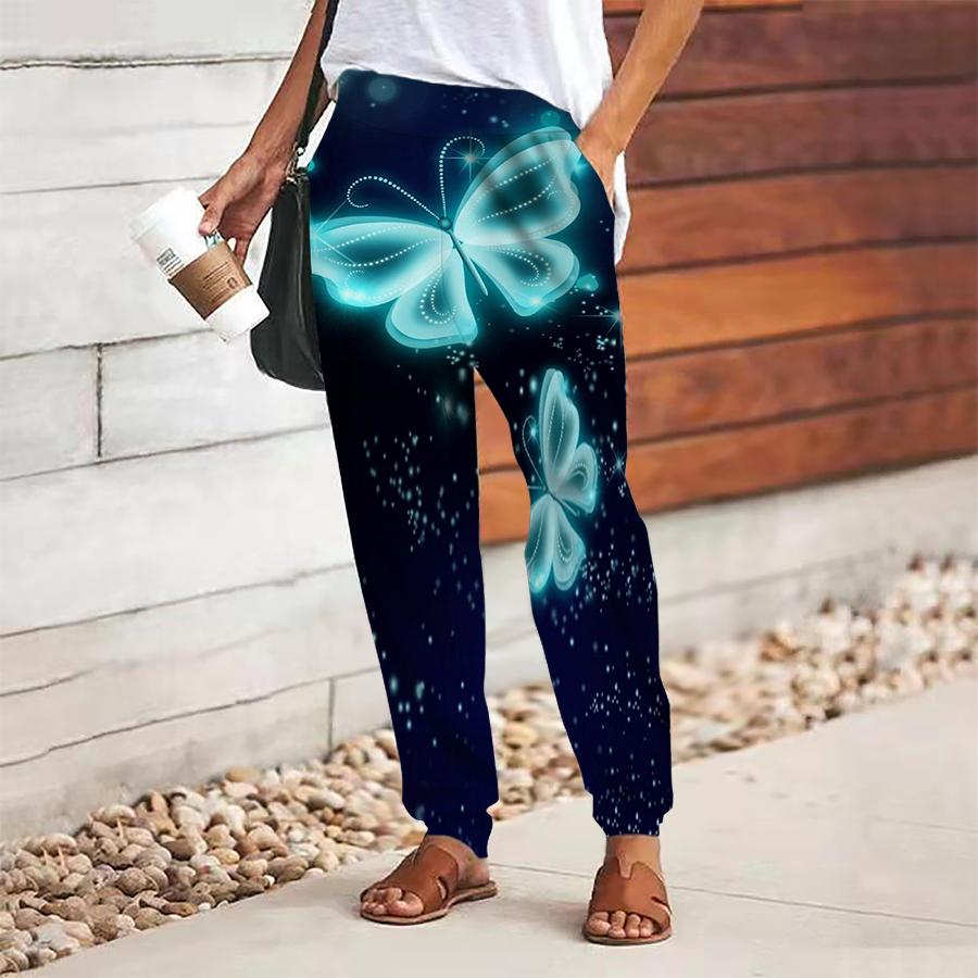 Women Butterfly Printing Pants Lace Up Elastic Waist Loose  Trousers Casual Long Pants Trousers with Pockets