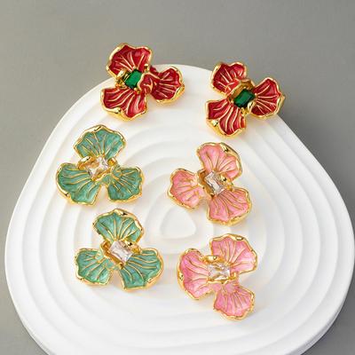 2023 New Retro Iris Enamel Flower Zircon Earrings Brass Electroplating 18k Gold Fashion Delicate Stud Earrings