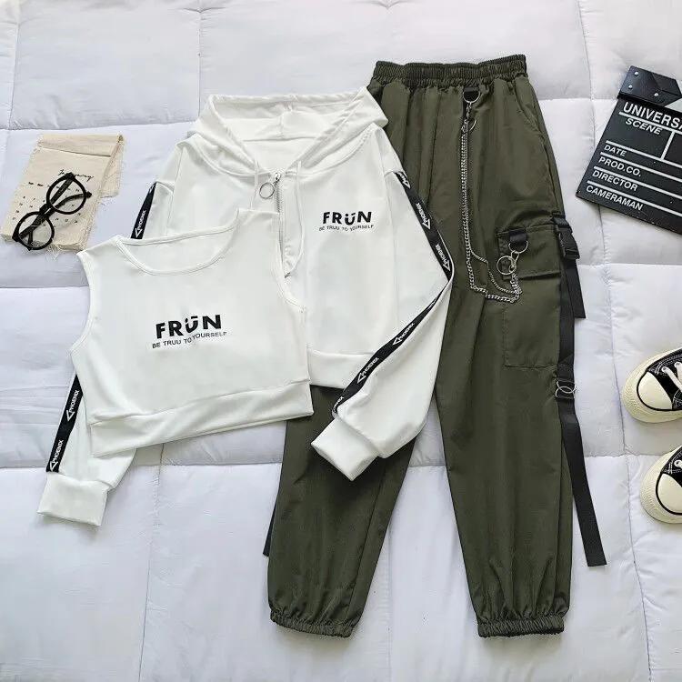 Pantalones Cargo Traje de Mujer Cárdigan Deportivo Suelto con Capucha + Chaleco + Pantalón Conjunto de Tres Piezas con Estampado de Letras en Cadena