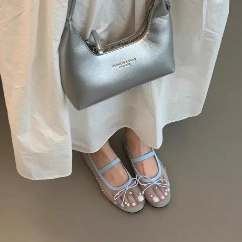 2025 Fashion New Mesh Upper Round Head Bow Tie Shoes for Women One Kick Outdoor Daily Commute Rhinestones Women's Flats