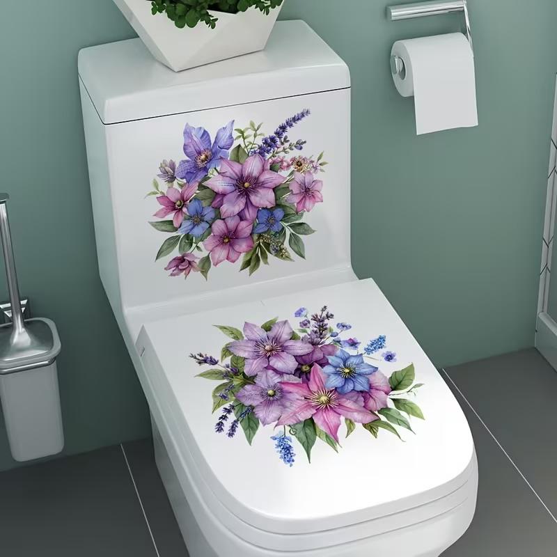 Floral Toilet Lid Sticker Waterproof DIY Friendly Peel and Stick Decal for Bathroom Wall Restroom Home Decoration