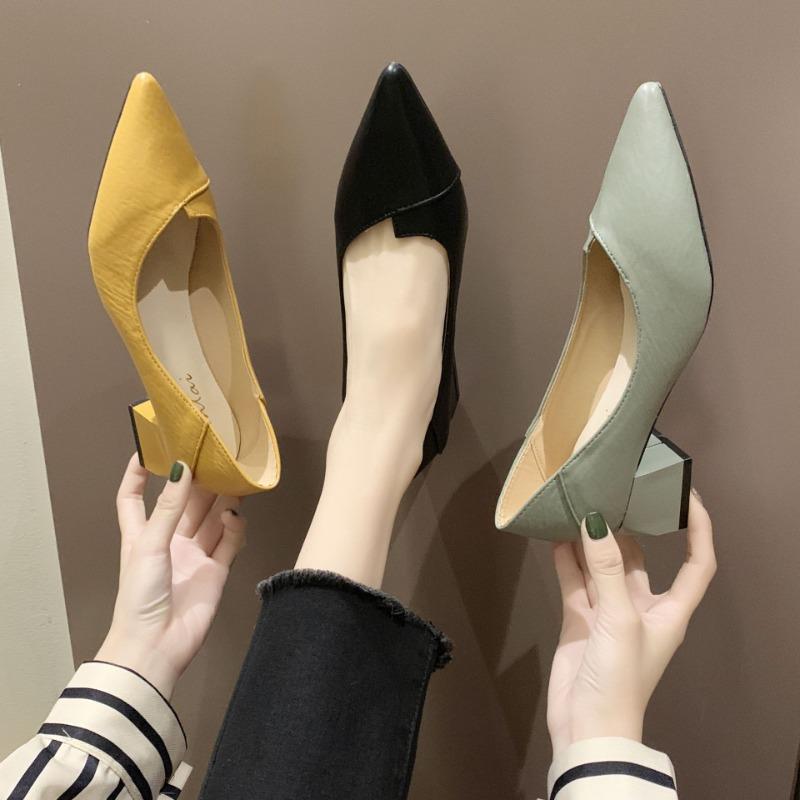 Coarse Heel Shallow Mouth High Heel Single Shoes Women's Pointed Head Professional Work Shoes Black Medium Heel Leather Shoes Work Shoes