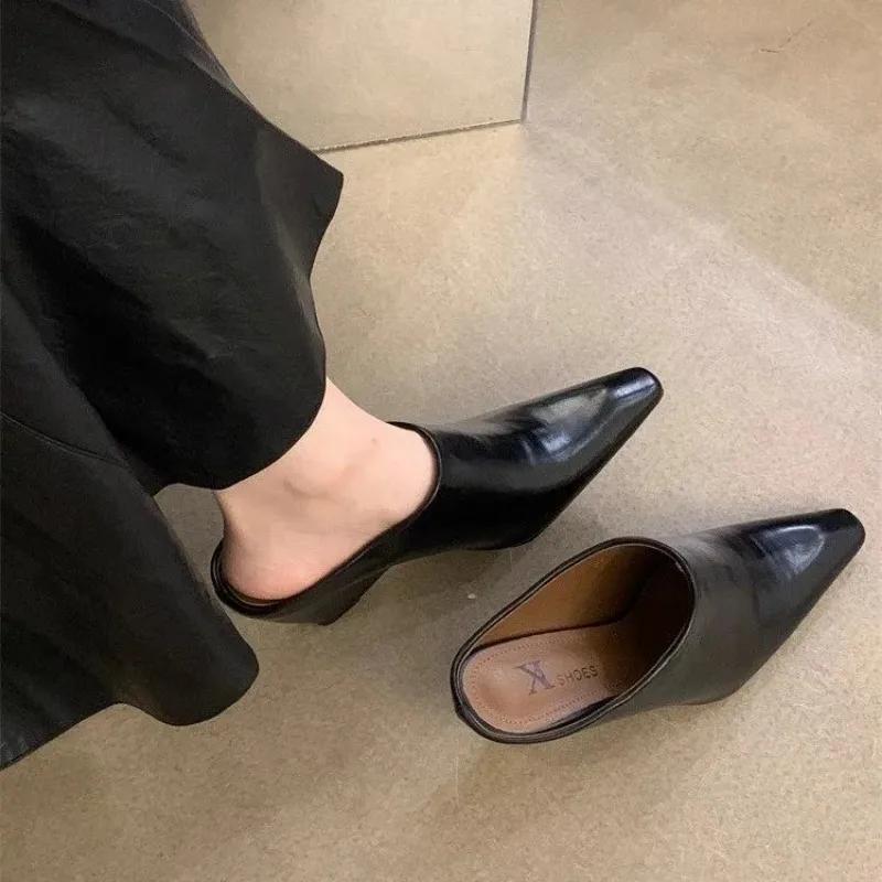 Fashion 2025 European American Baotou Half Women's Soft Leather Slope Heel High Cool Fashion Outwear Thick Lazy Muller Shoes