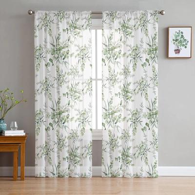 Rideaux transparents transparents en Tulle, feuilles d'eucalyptus de printemps, pour chambre à coucher, décoration de vacances, Voile de fenêtre en Tulle