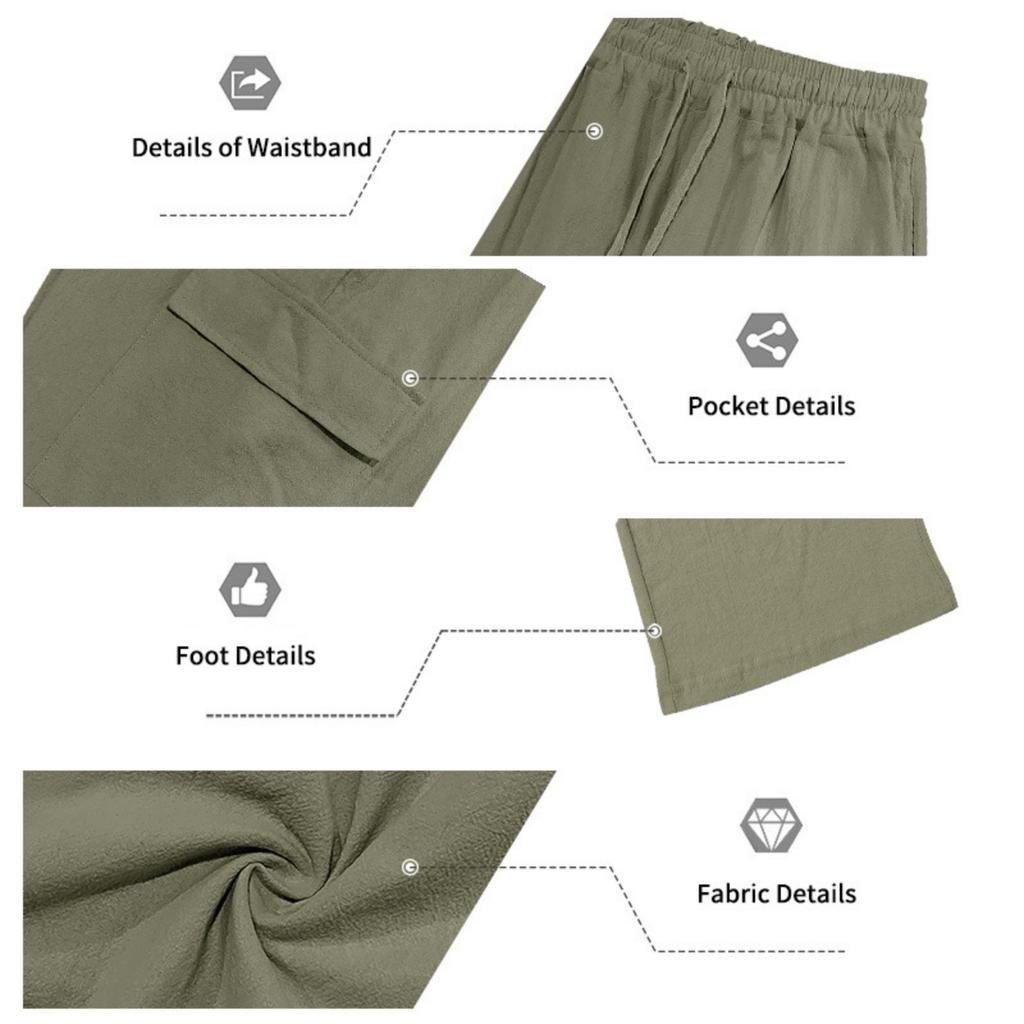 Men Linen Casual Outdoor Cargo Seven Shorts Multi Pocket Loose Fit Lightweight Drawstring Waist