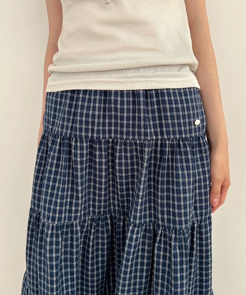 Moyora Frill Tiered Flare Check Long Skirt [Deep Blue]