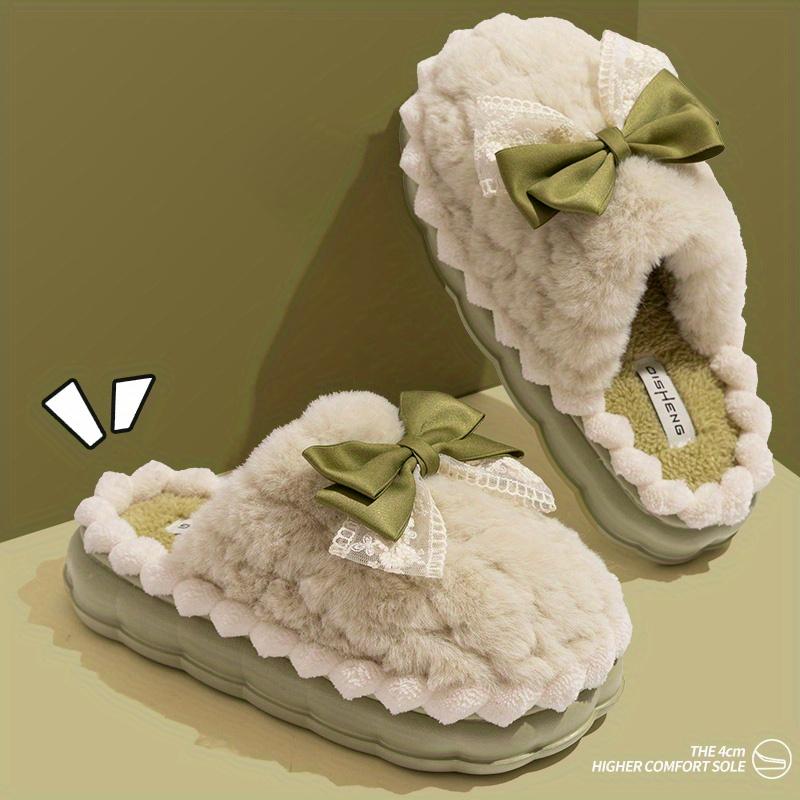 Women's Plush Slip-On Moccasin House Shoes, Cozy Thick Plush Lining with Bow Accent & Soft Fabric Upper, Non-Slip Indoor/Outdoor Winter Slippers