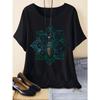Women's Floral Mandala Print Short Sleeve T-Shirt Casual Round Neck Top with Teal Black Artwork Urban Style Printed T-Shirt
