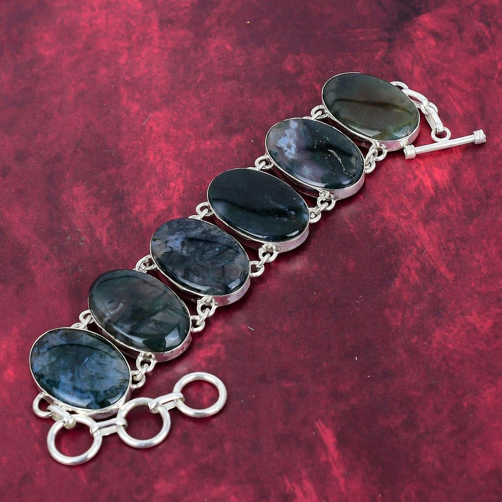 Moss Agate Bracelet, Gemstone Jewelry 925 Solid Sterling Silver Bracelet, Gift For Women Handmade Bracelet