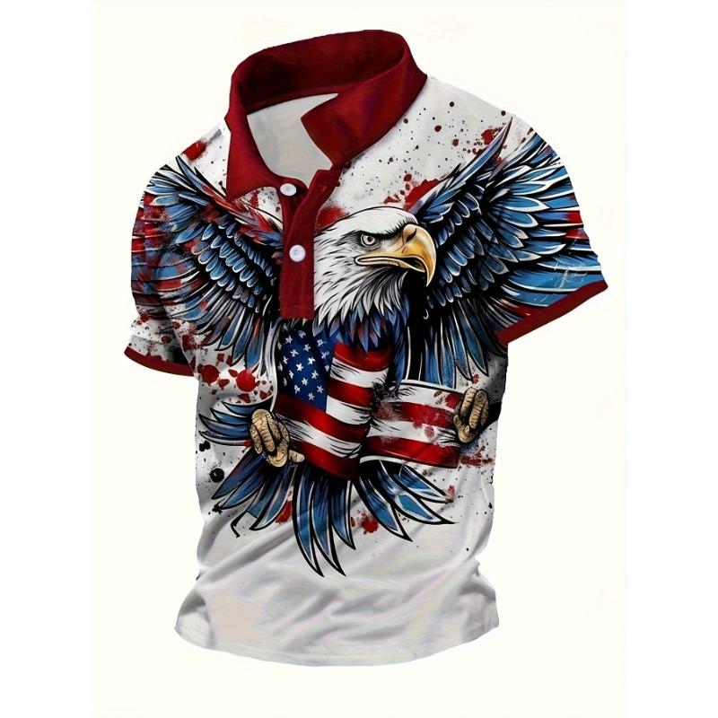 Men's Print Bald Eagle USA Flag American Patriotic Short Sleeve Polo Shirt Streetwear