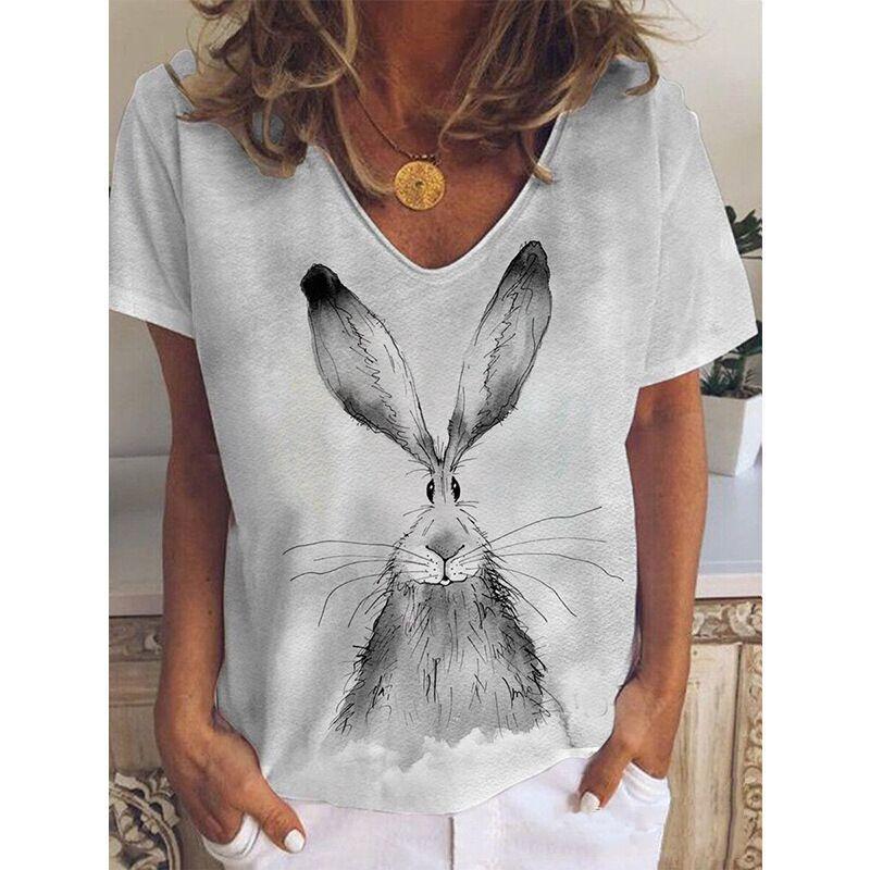 Summer New Casual Daily Versatile Pattern Rabbit 3D Printed Short Sleeved V-neck T-shirt