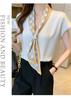Blouse Shirt Tops Long Sleeve Chiffon Ribbon Plain Casual Formal White [Fairy Stone] Women's V-neck B-51 (S, (Short Sleeve))