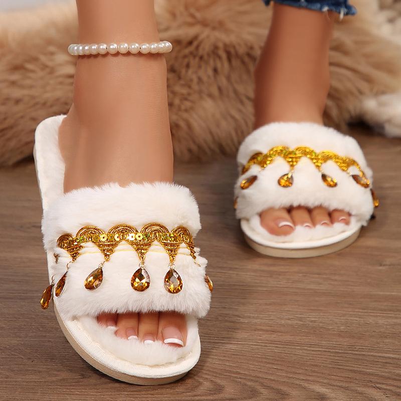 Fashion Fashion Rhinestones Decor Plush Slippers Women 2025 Autumn Winter Soft Warm House Slippers Woman Open Toe Non Slip Indoor Slides