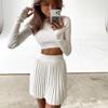RUGOD New Women's Fashion Long Sleeve Corset Pleated Mini Skirt Short Skirt Women's Knitted Sweater Two Piece Set