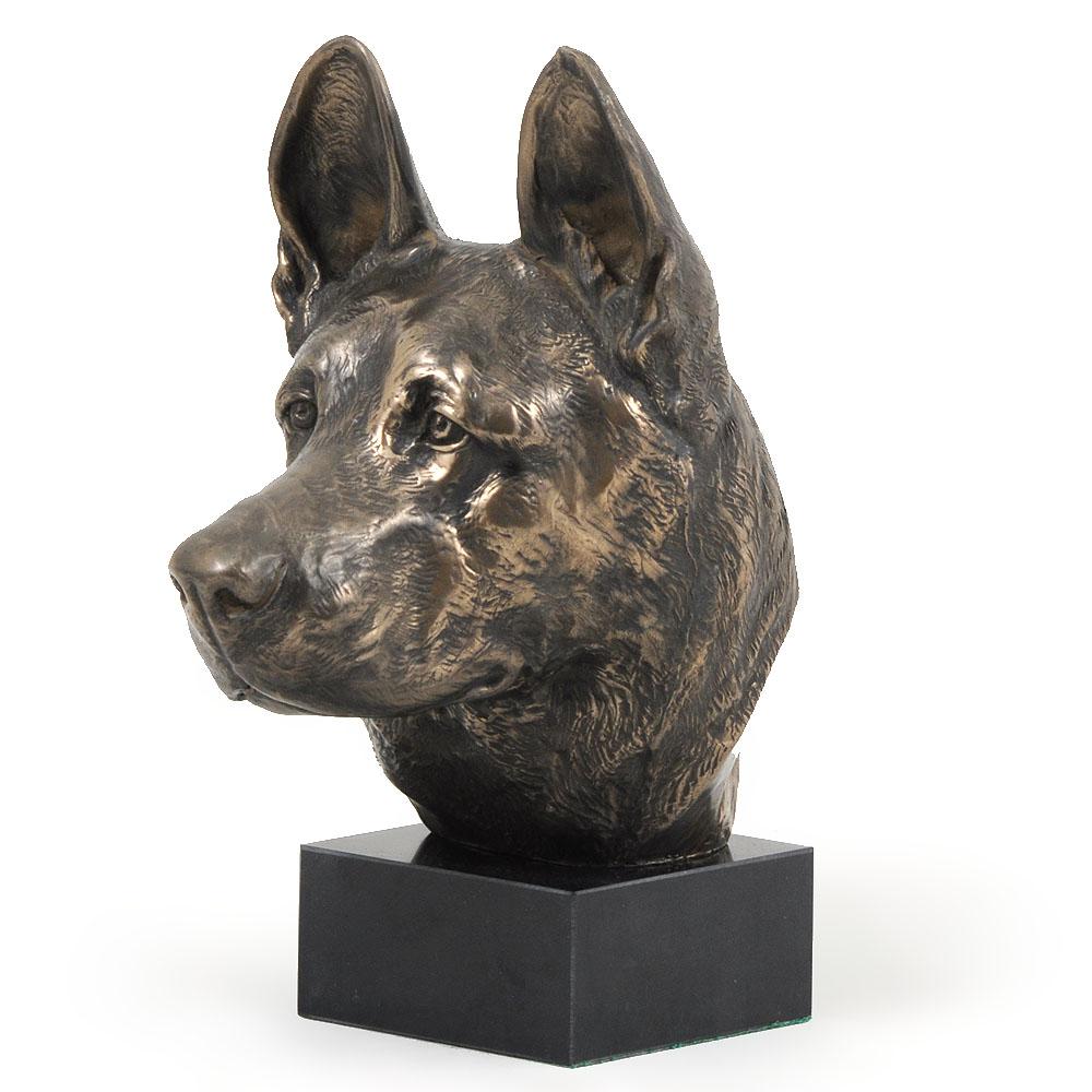 Caine Ciobanesc German, Caine Lup Alsacian - Statuie caine, bust pe baza de piatra, sculptura, trofeu pentru expozitie canina marca Art-Dog