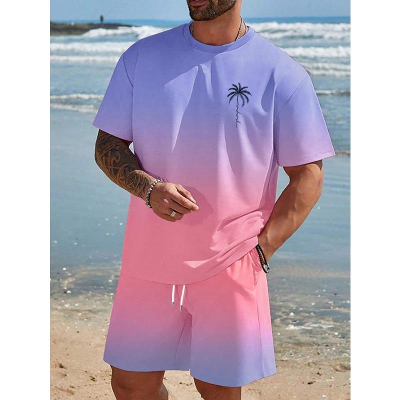 Herren Kurzarm Set Farbverlauf Print T-Shirts Shorts mit Kordelzug Urlaubsstrand Kurzarm Oberteil Shorts Zweiteiliges Set