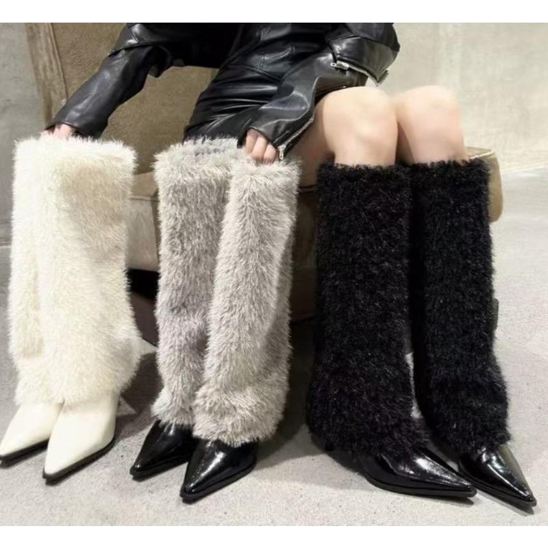 New Women's Furry Warm Knee High Boots Genuine Leather Solid Color Concise Sexy Women Shoes Slip-On Pointy Thin Heels