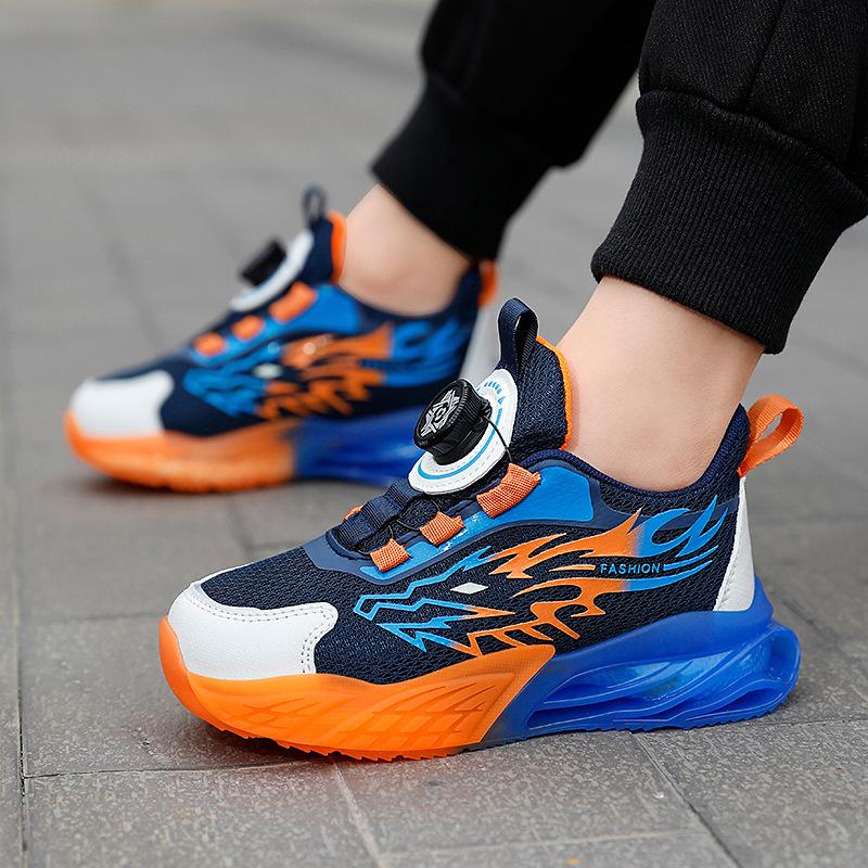Children's Breathable Boys' Button Shock-absorbing Non-slip Sports Shoes Air Cushion Soft Elastic Mesh New Spring Rotating Running Shoes