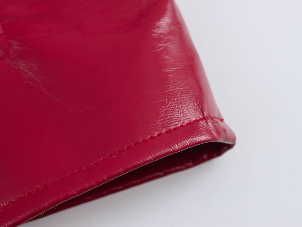 2025 Spring Women's Red Glossy Leather Lapel Jacket – European & American Style