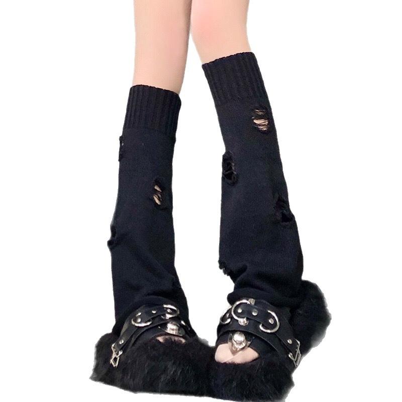 Leather Buckle Knitted Sock, Women's Black Ripped Leg Covers, Flared Personalized Leg Loops, Pile Mid-calf Socks, Stockings