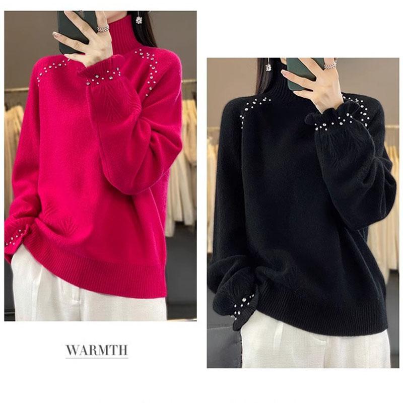 Women's Turtleneck Sweater Autumn Winter Beaded Loose Sweater Solid Color Pullover Knit Top
