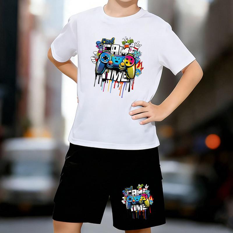 

Boys 2 Piece Graffiti Game Controller Printed outfit, Short Sleeve T-Shirt and Shorts Set for Kids Age 5-14,Black ,White Sporty Casual Summer Clothes 13-14 Years білий