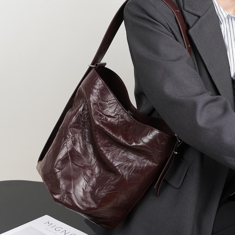 Faul Und Bequem Plissierte Erste Schicht Rindsleder Eimer Tasche Damen Premium Tragetasche Echtes Leder