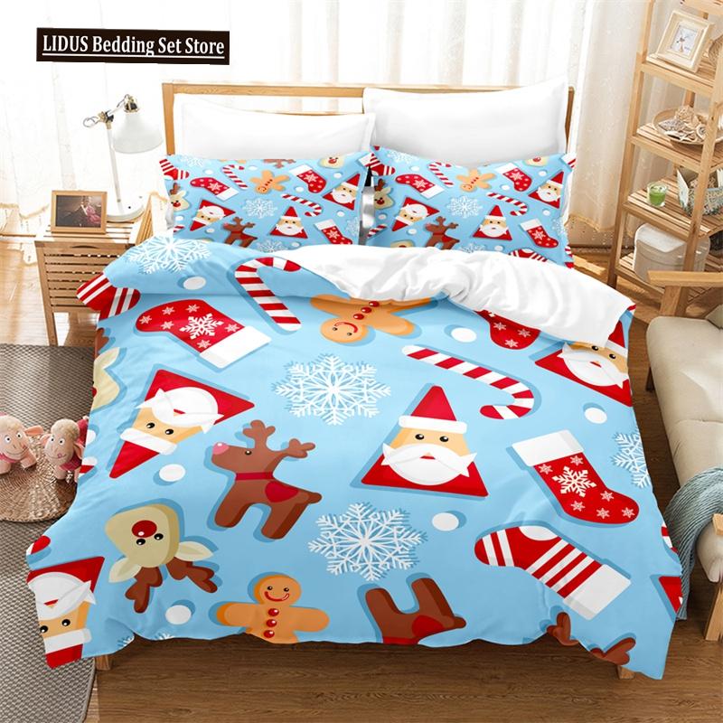Merry Christmas Duvet Cover Set Twin King Queen Cartoon Santa Claus Bedding Set Polyester Christmas Gingerbread Man Quilt Cover
