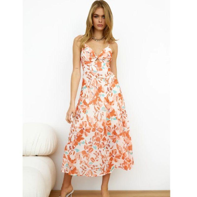 

European Station Summer New Arrival V-neck Floral Print Cut Out Backless Slim Fit Spaghetti Straps Sleeveless Mid Length Long Length Dress Women Orange Red XL