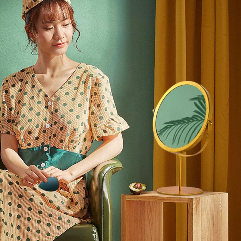 LALAFINA Tabletop Stand Mirror, Round, Compact Design with Stable Base, for Dressers, Gold, 27 x 19 x 10 cm