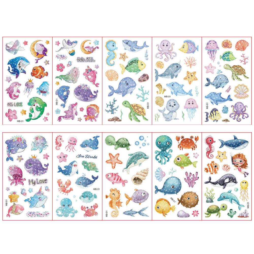 10 Sheetsset Children'S Colorful Glitter Tattoo Stickers Cartoon Animal Unicorn Butterfly Temporary Fake Tattoos Kids Gift