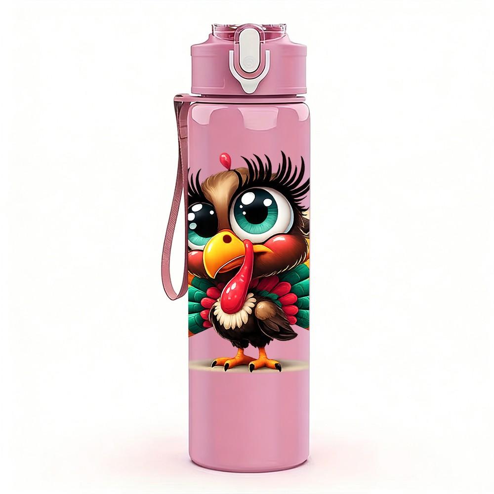 1PC Turkey Bird Fiesta Carnival Print 750ml Color Plastic Sports Water Bottle Leakproof Flip Straw Lid Suitable for Sports Office Home Use