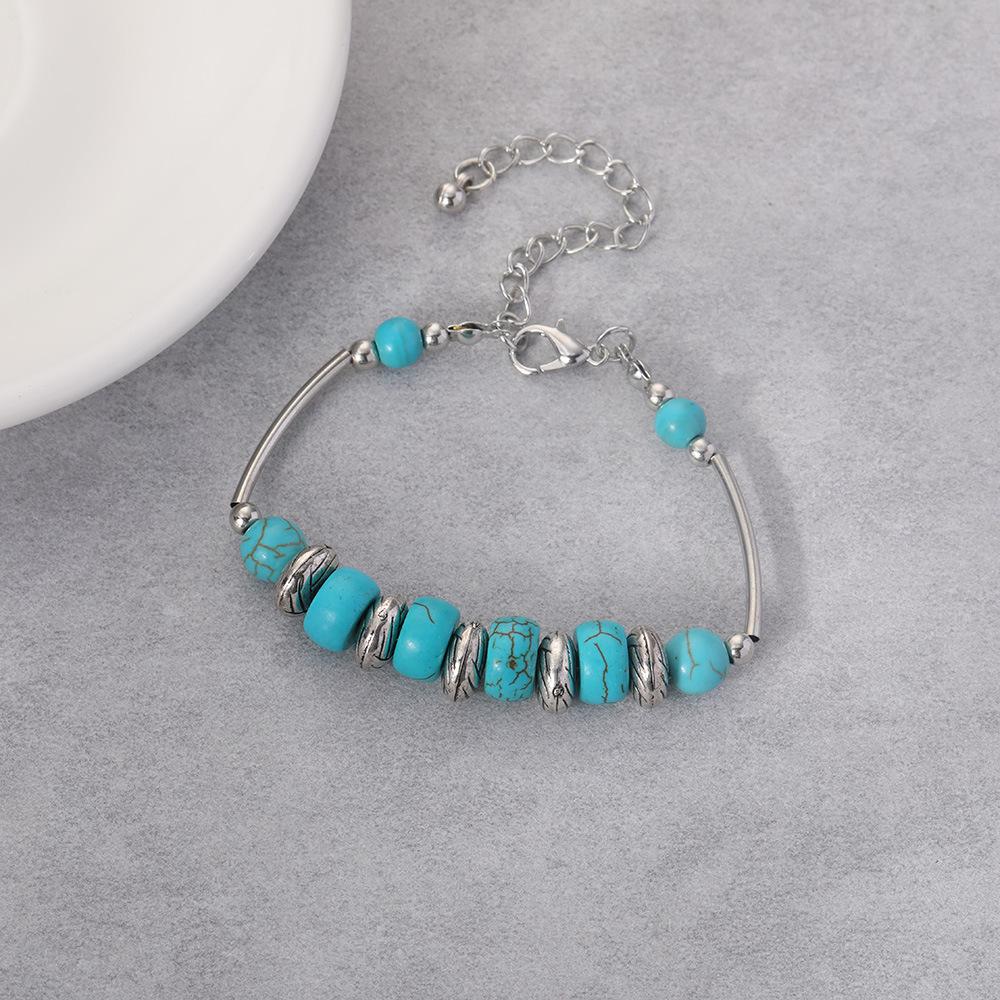 Elegant Women's Metal and Stone Bracelet with Carved Butterfly and Turquoise Beads - Perfect Birthday Gift