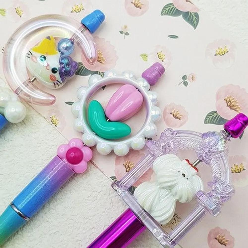 Decorating 3 ballpoint pens, ballpoint pen decorating, character beads, bead decorating materials, DIY, beads, custom, journaling