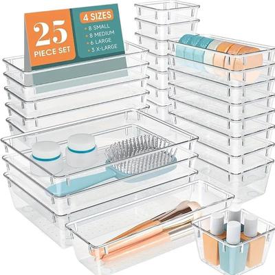 25 PCS Clear Plastic Drawer Organizer Set, 4 Sizes Desk Drawer Storage Bins for Makeup, Jewelry, Gadgets for Kitchen, Bedroom, Bathroom, Office