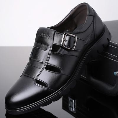 Men'S Cowhide Sandals Men'S Casual Leather Shoes Hollow And Breathable Middle-Aged And Elderly Bag Head Hole Shoes Genuine Leather