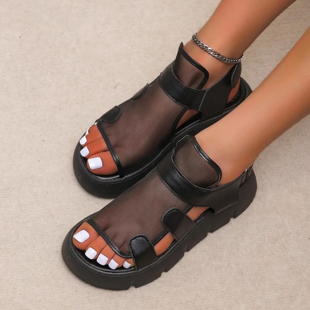 Shoes Women Sandals 2025 Summer New Fashion Platform Shoes Breathable Eugene Yarn Mesh Hook & Loop Sandals Sandalias