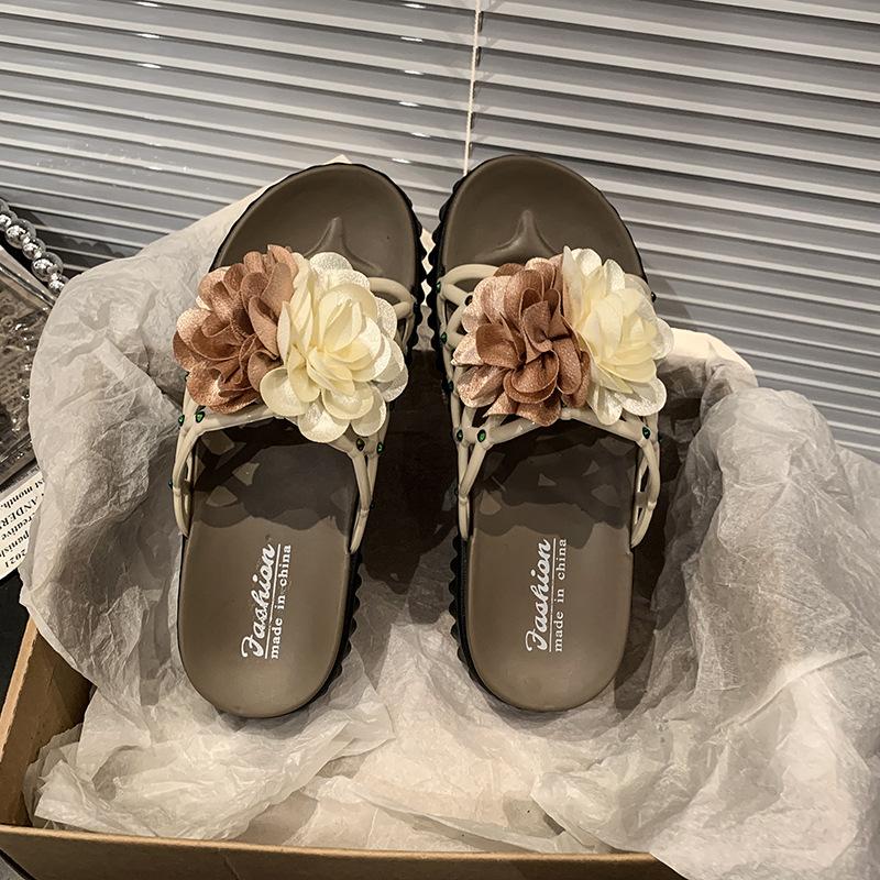 

French flat-bottomed slippers fairy style with skirt rose national style sandals super soft not tired feet rhinestone large size women s shoes 40 бежевий