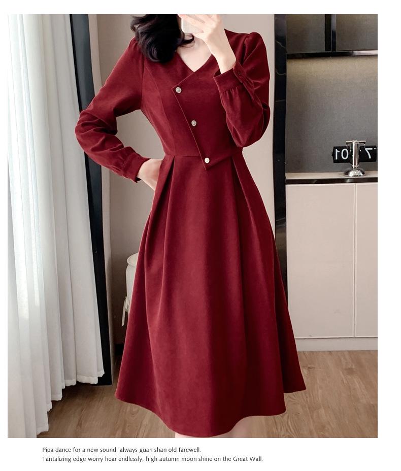 HXFS8213 Romantic Retro Red Dress - Women's High-End V-Neck French Hepburn Skirt for 2025 Autumn/Winter