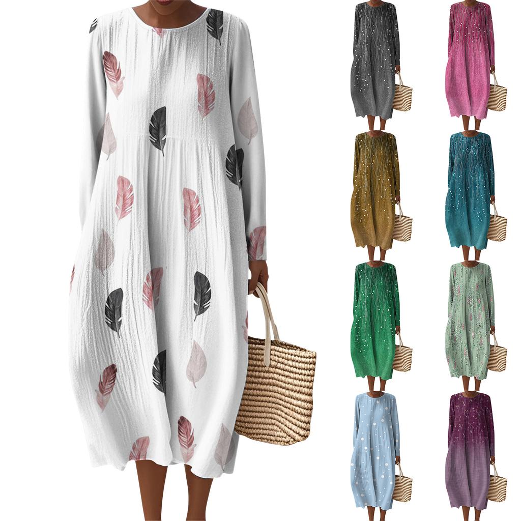 Women's Fashionable Casual Long-Sleeved Round Neck Floral Print Zipper Dress