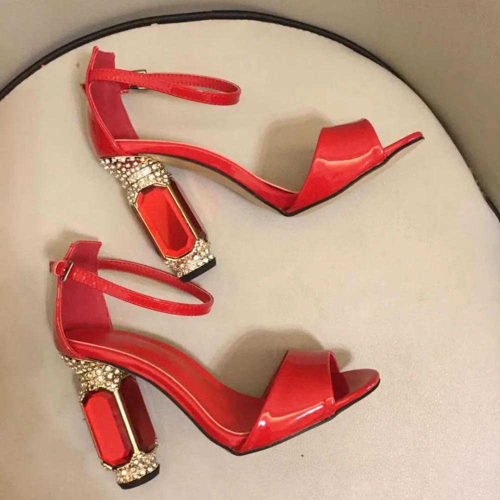 Red Patent Leather Gemstone Rhinestone Heel Bling Bling Women Sandals Ankle Strap Open Toe Chunky Heel Summer Sandals