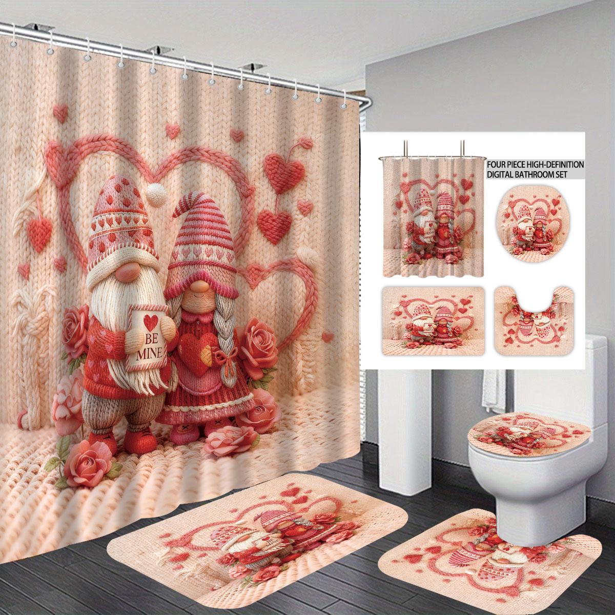 4pcs Valentine s Day Pink Romantic Love Essence Printed Bathroom Set Waterproof Shower Curtain Floor Mat U-shaped Toilet Mat Regular
