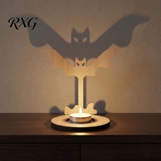 Halloween Candle Holder Wooden Holder, Silhouette Ghost/Bat/Scarecrow/Bat Table Centerpiece Tealight for Home Fireplace Decor Solid Wood Stand