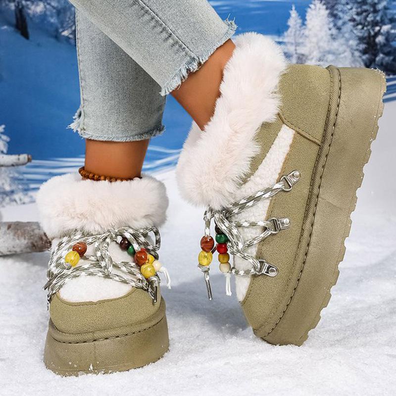 Bohemian Lace Up String Bead Snow Boots Women Winter Soft Faux Fur Warm Ankle Boots Woman Plus Size36-43 Platform Botas Mujer