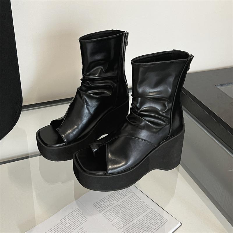 

Крутые ботинки на толстой подошве женские 2025 весна новая мода римские туфли танкетка ретро подошва-маффин высокий верх носок сандалии 38