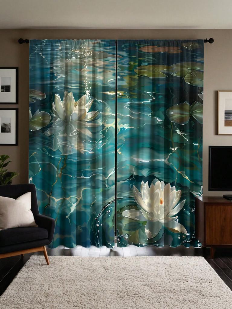 2pcs Water Lotus Print Sheer Curtains - Modern Design   Polyester Knit Fabric   Machine Washable - Suitable For Bedroom   Office